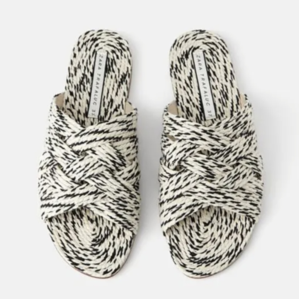 Zara Trafaluc Women's Black and White Woven Sandals Size 37 Eu Size 6US NEW